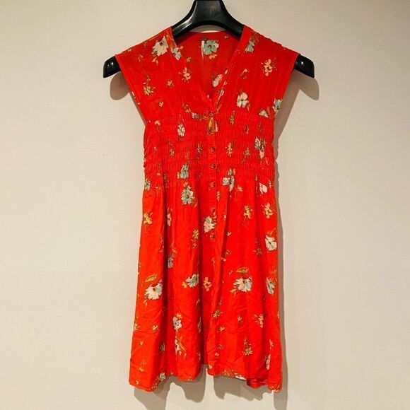 Free People Greatest Day Orange Floral Smocked Minidress Size XS - Picture 2 of 7